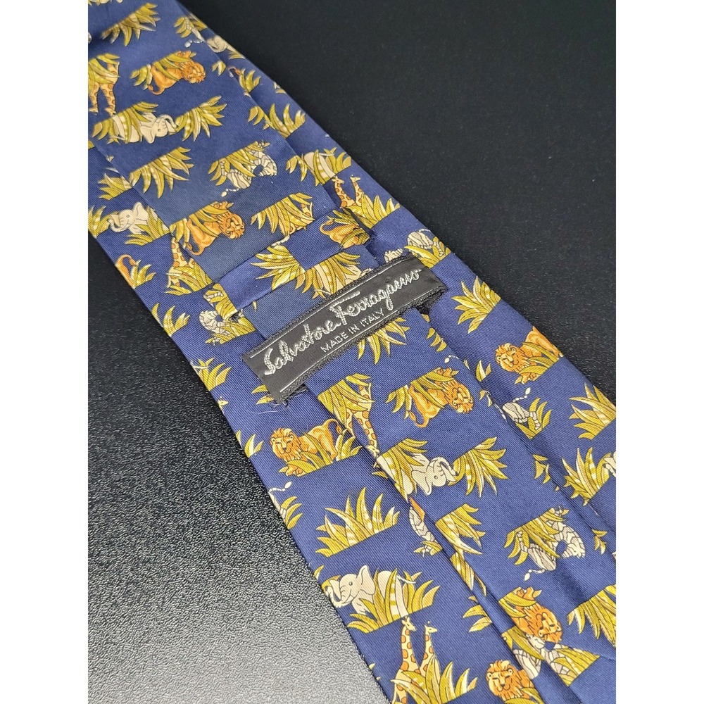 Salvatore Ferragamo Mens Silk Tie Blue Lion Giraffe Elephant Made in Italy